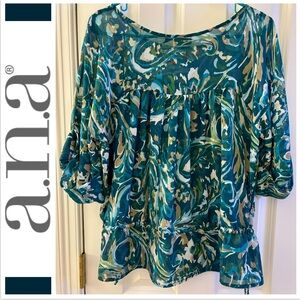 a.n.a. Blouse Green Cream Ruffle drawstring babydoll XL sheer casual lightweight